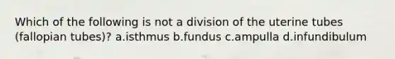 Which of the following is not a division of the uterine tubes (fallopian tubes)? a.isthmus b.fundus c.ampulla d.infundibulum