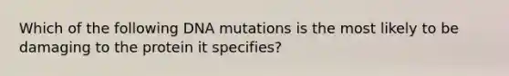 Which of the following DNA mutations is the most likely to be damaging to the protein it specifies?