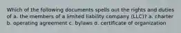 Which of the following documents spells out the rights and duties of a. the members of a limited liability company (LLC)? a. charter b. operating agreement c. bylaws d. certificate of organization