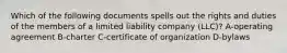 Which of the following documents spells out the rights and duties of the members of a limited liability company (LLC)? A-operating agreement B-charter C-certificate of organization D-bylaws