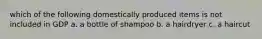 which of the following domestically produced items is not included in GDP a. a bottle of shampoo b. a hairdryer c. a haircut