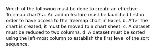 Which of the following must be done to create an effective Treemap chart? a. An add-in feature must be launched first in order to have access to the Treemap chart in Excel. b. After the chart is created, it must be moved to a chart sheet. c. A dataset must be reduced to two columns. d. A dataset must be sorted using the left-most column to establish the first level of the sort sequence.