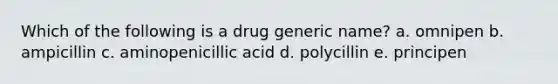 Which of the following is a drug generic name? a. omnipen b. ampicillin c. aminopenicillic acid d. polycillin e. principen