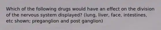 Which of the following drugs would have an effect on the division of the <a href='https://www.questionai.com/knowledge/kThdVqrsqy-nervous-system' class='anchor-knowledge'>nervous system</a> displayed? (lung, liver, face, intestines, etc shown; preganglion and post ganglion)