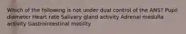 Which of the following is not under dual control of the ANS? Pupil diameter Heart rate Salivary gland activity Adrenal medulla activity Gastrointestinal motility