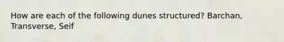 How are each of the following dunes structured? Barchan, Transverse, Seif