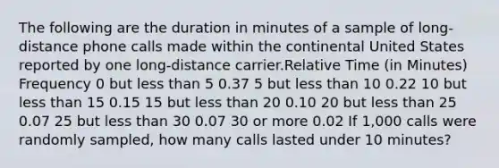 The following are the duration in minutes of a sample of long-distance phone calls made within the continental United States reported by one long-distance carrier.Relative Time (in Minutes) Frequency 0 but less than 5 0.37 5 but less than 10 0.22 10 but less than 15 0.15 15 but less than 20 0.10 20 but less than 25 0.07 25 but less than 30 0.07 30 or more 0.02 If 1,000 calls were randomly sampled, how many calls lasted under 10 minutes?