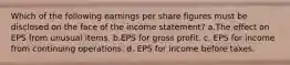 Which of the following earnings per share figures must be disclosed on the face of the income statement? a.The effect on EPS from unusual items. b.EPS for gross profit. c. EPS for income from continuing operations. d. EPS for income before taxes.