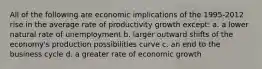 All of the following are economic implications of the 1995-2012 rise in the average rate of productivity growth except: a. a lower natural rate of unemployment b. larger outward shifts of the economy's production possibilities curve c. an end to the business cycle d. a greater rate of economic growth