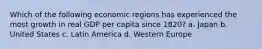 Which of the following economic regions has experienced the most growth in real GDP per capita since 1820? a. Japan b. United States c. Latin America d. Western Europe