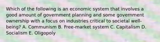 Which of the following is an economic system that involves a good amount of government planning and some government ownership with a focus on industries critical to societal well-being? A. Communism B. Free-market system C. Capitalism D. Socialism E. Oligopoly