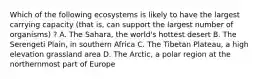 Which of the following ecosystems is likely to have the largest carrying capacity (that is, can support the largest number of organisms) ? A. The Sahara, the world's hottest desert B. The Serengeti Plain, in southern Africa C. The Tibetan Plateau, a high elevation grassland area D. The Arctic, a polar region at the northernmost part of Europe