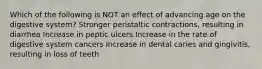 Which of the following is NOT an effect of advancing age on the digestive system? Stronger peristaltic contractions, resulting in diarrhea Increase in peptic ulcers Increase in the rate of digestive system cancers Increase in dental caries and gingivitis, resulting in loss of teeth