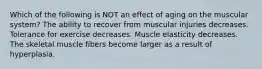 Which of the following is NOT an effect of aging on the muscular system? The ability to recover from muscular injuries decreases. Tolerance for exercise decreases. Muscle elasticity decreases. The skeletal muscle fibers become larger as a result of hyperplasia.