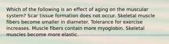 Which of the following is an effect of aging on the muscular system? Scar tissue formation does not occur. Skeletal muscle fibers become smaller in diameter. Tolerance for exercise increases. Muscle fibers contain more myoglobin. Skeletal muscles become more elastic.