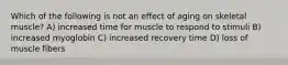 Which of the following is not an effect of aging on skeletal muscle? A) increased time for muscle to respond to stimuli B) increased myoglobin C) increased recovery time D) loss of muscle fibers