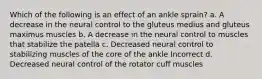 Which of the following is an effect of an ankle sprain? a. A decrease in the neural control to the gluteus medius and gluteus maximus muscles b. A decrease in the neural control to muscles that stabilize the patella c. Decreased neural control to stabilizing muscles of the core of the ankle Incorrect d. Decreased neural control of the rotator cuff muscles