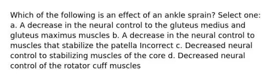 Which of the following is an effect of an ankle sprain? Select one: a. A decrease in the neural control to the gluteus medius and gluteus maximus muscles b. A decrease in the neural control to muscles that stabilize the patella Incorrect c. Decreased neural control to stabilizing muscles of the core d. Decreased neural control of the rotator cuff muscles