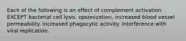 Each of the following is an effect of complement activation EXCEPT bacterial cell lysis. opsonization. increased blood vessel permeability. increased phagocytic activity. interference with viral replication.