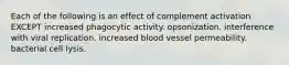 Each of the following is an effect of complement activation EXCEPT increased phagocytic activity. opsonization. interference with viral replication. increased blood vessel permeability. bacterial cell lysis.