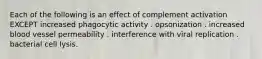 Each of the following is an effect of complement activation EXCEPT increased phagocytic activity . opsonization . increased blood vessel permeability . interference with viral replication . bacterial cell lysis.