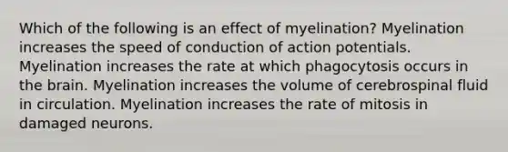 Which of the following is an effect of myelination? Myelination increases the speed of conduction of action potentials. Myelination increases the rate at which phagocytosis occurs in the brain. Myelination increases the volume of cerebrospinal fluid in circulation. Myelination increases the rate of mitosis in damaged neurons.