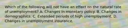 Which of the following will not have an effect on the natural rate of unemployment​? A. Changes in monetary policy. B. Changes in demographics. C. Extended periods of high unemployment. D. Changes in unemployment insurance.