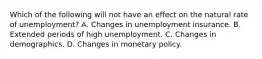 Which of the following will not have an effect on the natural rate of unemployment? A. Changes in unemployment insurance. B. Extended periods of high unemployment. C. Changes in demographics. D. Changes in monetary policy.