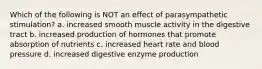 Which of the following is NOT an effect of parasympathetic stimulation? a. increased smooth muscle activity in the digestive tract b. increased production of hormones that promote absorption of nutrients c. increased heart rate and blood pressure d. increased digestive enzyme production