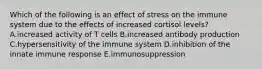 Which of the following is an effect of stress on the immune system due to the effects of increased cortisol levels? A.increased activity of T cells B.increased antibody production C.hypersensitivity of the immune system D.inhibition of the innate immune response E.immunosuppression