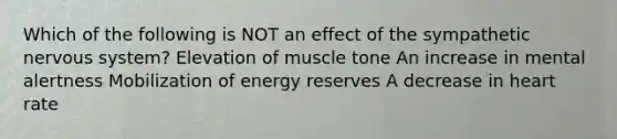 Which of the following is NOT an effect of the sympathetic <a href='https://www.questionai.com/knowledge/kThdVqrsqy-nervous-system' class='anchor-knowledge'>nervous system</a>? Elevation of muscle tone An increase in mental alertness Mobilization of energy reserves A decrease in heart rate