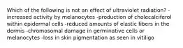 Which of the following is not an effect of ultraviolet radiation? -increased activity by melanocytes -production of cholecalciferol within epidermal cells -reduced amounts of elastic fibers in the dermis -chromosomal damage in germinative cells or melanocytes -loss in skin pigmentation as seen in vitiligo