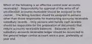 Which of the following is an effective control over accounts receivable? - Responsibility for approval of the write-off of uncollectible accounts receivable should be assigned to the cashier. - The billing function should be assigned to persons other than those responsible for maintaining accounts receivable subsidiary records. - Only persons who handle cash receipts should be responsible for the preparation of documents that reduce accounts receivable balances. - Balances in the subsidiary accounts receivable ledger should be reconciled to the general ledger control account once a year, preferably at year end.