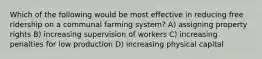 Which of the following would be most effective in reducing free ridership on a communal farming system? A) assigning property rights B) increasing supervision of workers C) increasing penalties for low production D) increasing physical capital