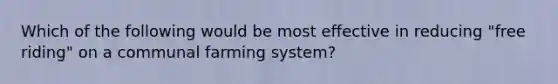 Which of the following would be most effective in reducing "free riding" on a communal farming system?