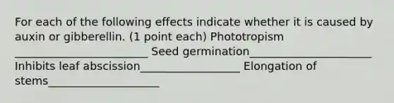 For each of the following effects indicate whether it is caused by auxin or gibberellin. (1 point each) Phototropism ________________________ Seed germination______________________ Inhibits leaf abscission__________________ Elongation of stems____________________