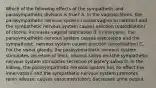 Which of the following effects of the sympathetic and parasympathetic divisons is true? A. In the vagina/clitoris, the parasympathetic nervous system causes vagina to contract and the sympathetic nervous system causes erection (vasodilation) of clitoris; increases vaginal lubrication B. In the penis, the parasympathetic nervous system causes ejaculation and the sympathetic. nervous system causes erection (vasodilation) C. For the sweat glands, the parasympathetic nervous system stimulates secretion of thick, viscous saliva and the sympathetic nervous system stimulates secretion of watery saliva D. In the kidney, the parasympathetic nervous system has no effect (no innervation) and the sympathetic nervous system promotes renin release; causes vasoconstriction; decreases urine output