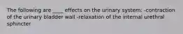 The following are ____ effects on the urinary system: -contraction of the urinary bladder wall -relaxation of the internal urethral sphincter