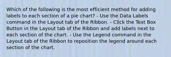 Which of the following is the most efficient method for adding labels to each section of a pie chart? - Use the Data Labels command in the Layout tab of the Ribbon. - Click the Text Box Button in the Layout tab of the Ribbon and add labels next to each section of the chart. - Use the Legend command in the Layout tab of the Ribbon to reposition the legend around each section of the chart.
