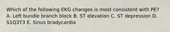 Which of the following EKG changes is most consistent with PE? A. Left bundle branch block B. ST elevation C. ST depression D. S1Q3T3 E. Sinus bradycardia