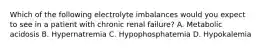 Which of the following electrolyte imbalances would you expect to see in a patient with chronic renal failure? A. Metabolic acidosis B. Hypernatremia C. Hypophosphatemia D. Hypokalemia