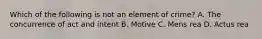 Which of the following is not an element of crime? A. The concurrence of act and intent B. Motive C. Mens rea D. Actus rea