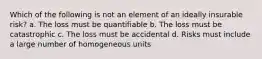 Which of the following is not an element of an ideally insurable risk? a. The loss must be quantifiable b. The loss must be catastrophic c. The loss must be accidental d. Risks must include a large number of homogeneous units