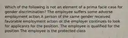 Which of the following is not an element of a prima facie case for gender discrimination? The employee suffers some adverse employment action A person of the same gender received favorable employment action or the employer continues to look for applicants for the position. The employee is qualified for the position The employee is the protected class