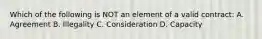 Which of the following is NOT an element of a valid contract: A. Agreement B. Illegality C. Consideration D. Capacity