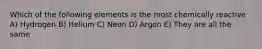 Which of the following elements is the most chemically reactive A) Hydrogen B) Helium C) Neon D) Argon E) They are all the same