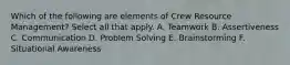 Which of the following are elements of Crew Resource Management? Select all that apply. A. Teamwork B. Assertiveness C. Communication D. Problem Solving E. Brainstorming F. Situational Awareness