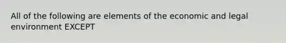 All of the following are elements of the economic and legal environment EXCEPT