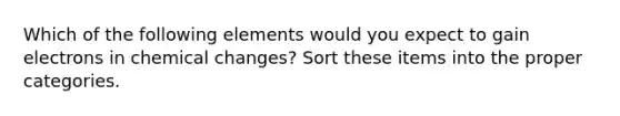 Which of the following elements would you expect to gain electrons in chemical changes? Sort these items into the proper categories.
