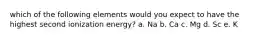 which of the following elements would you expect to have the highest second ionization energy? a. Na b. Ca c. Mg d. Sc e. K